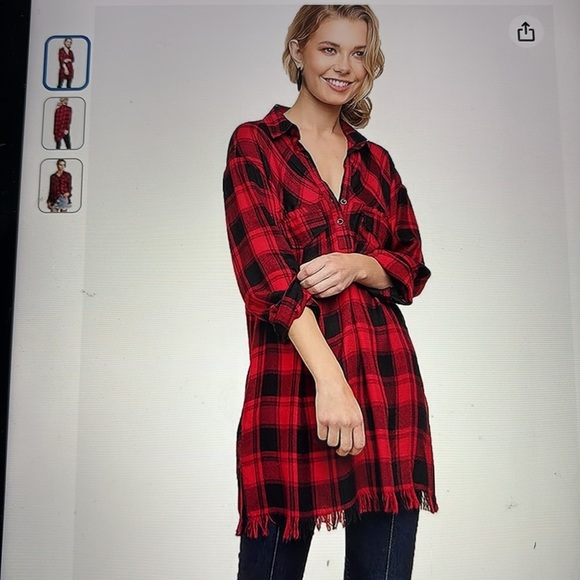 Umgee Buffalo Plaid Tunic Dress V-Neck 2 Button Frayed Hem - Picture 1 of 10